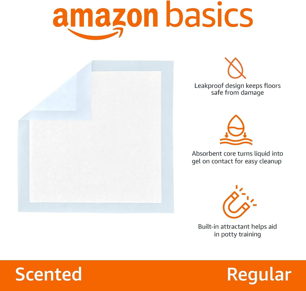 Amazon Basics Scented Dog and Puppy Potty Training Pee Pads, 5-Layer Leak-Proof Super Absorbent with Quick-Dry Surface, Regular Size 22 x 22 Inch, Blue, 150 Count