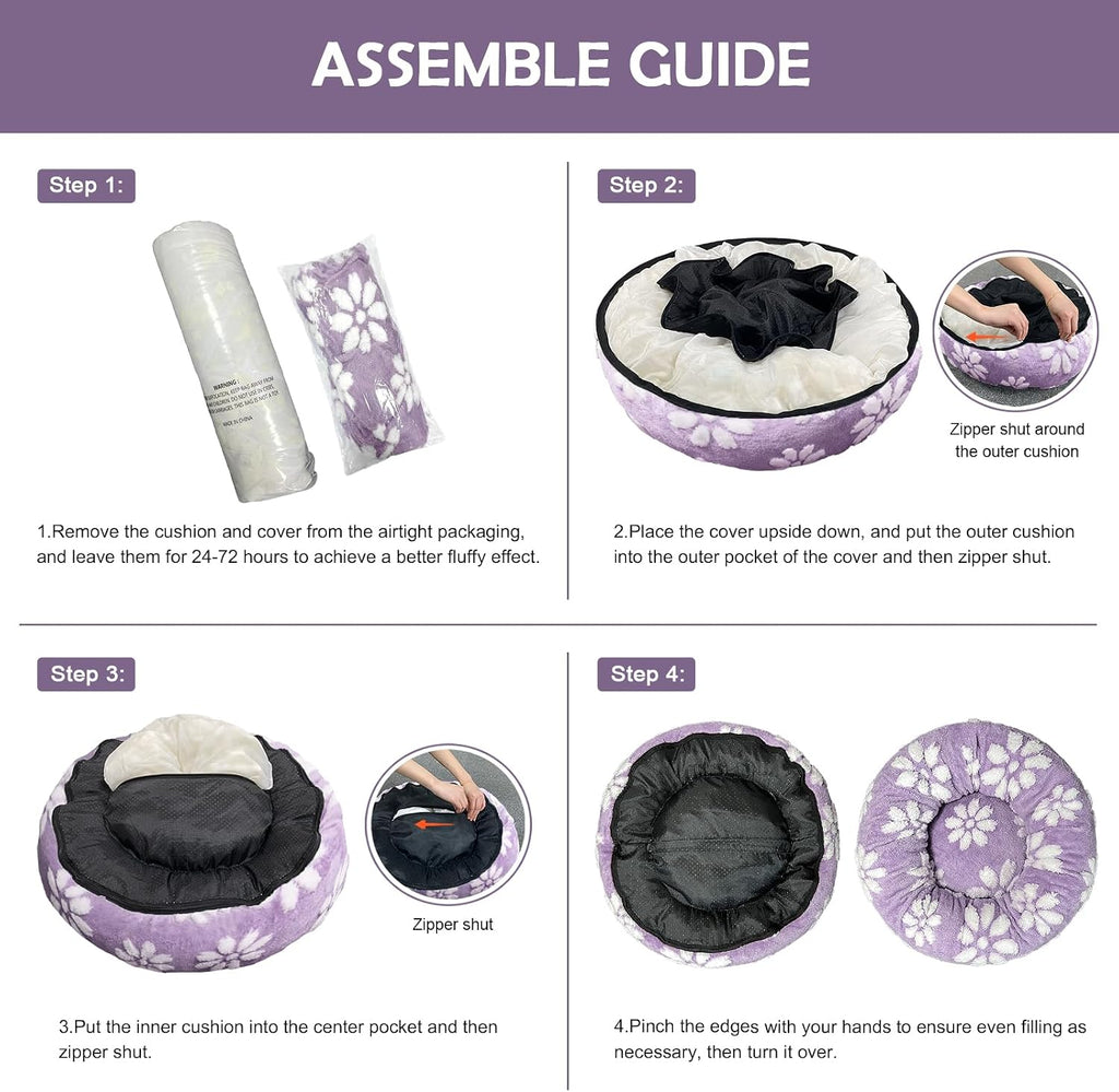 Round Cat Beds for Indoor Cats, Small Donut Dog Beds, Purple, 20"