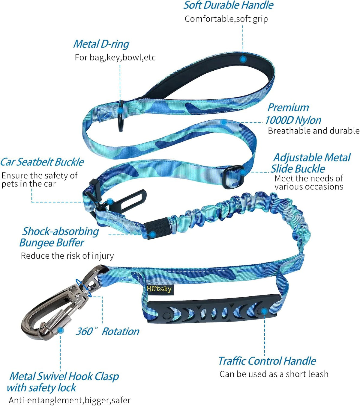 Hotsky Tactical Bungee Shock Absorbing No Pull Dog Leash,Blue Camo,4-6FT