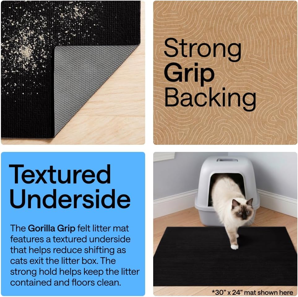 GORILLA GRIP Cat Litter Mat, Soft Felt Scatter Catcher, 30x24, Black