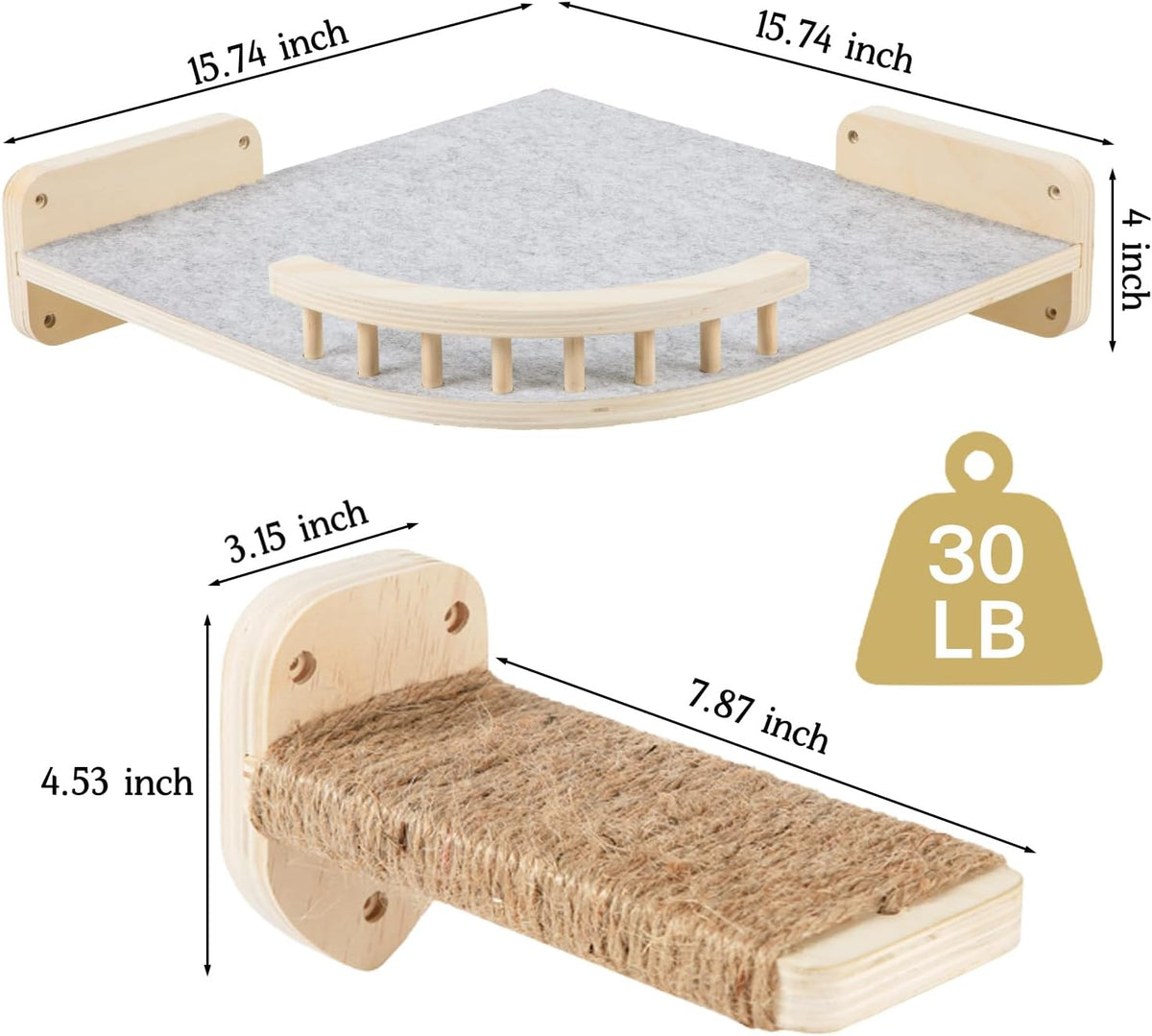 Large Cat Shelves with 3 Steps, Wall Mounted Cat Climbing Shelf with Plush Covered Bed, for Indoor Cats (Wood)