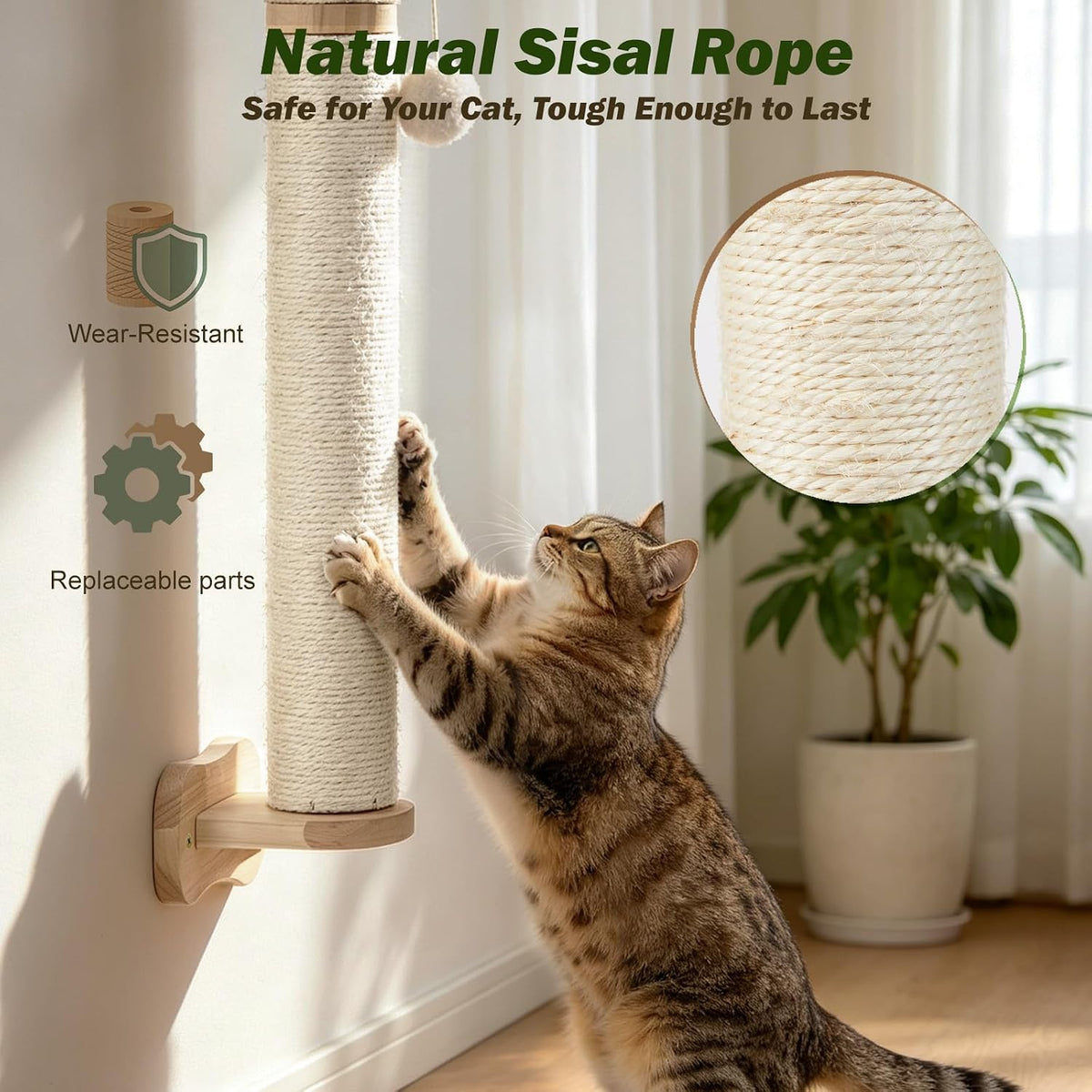 EMUST Cat Wall Scratcher 2 Pack 66", Tall Sisal Scratch Post for Large Cats