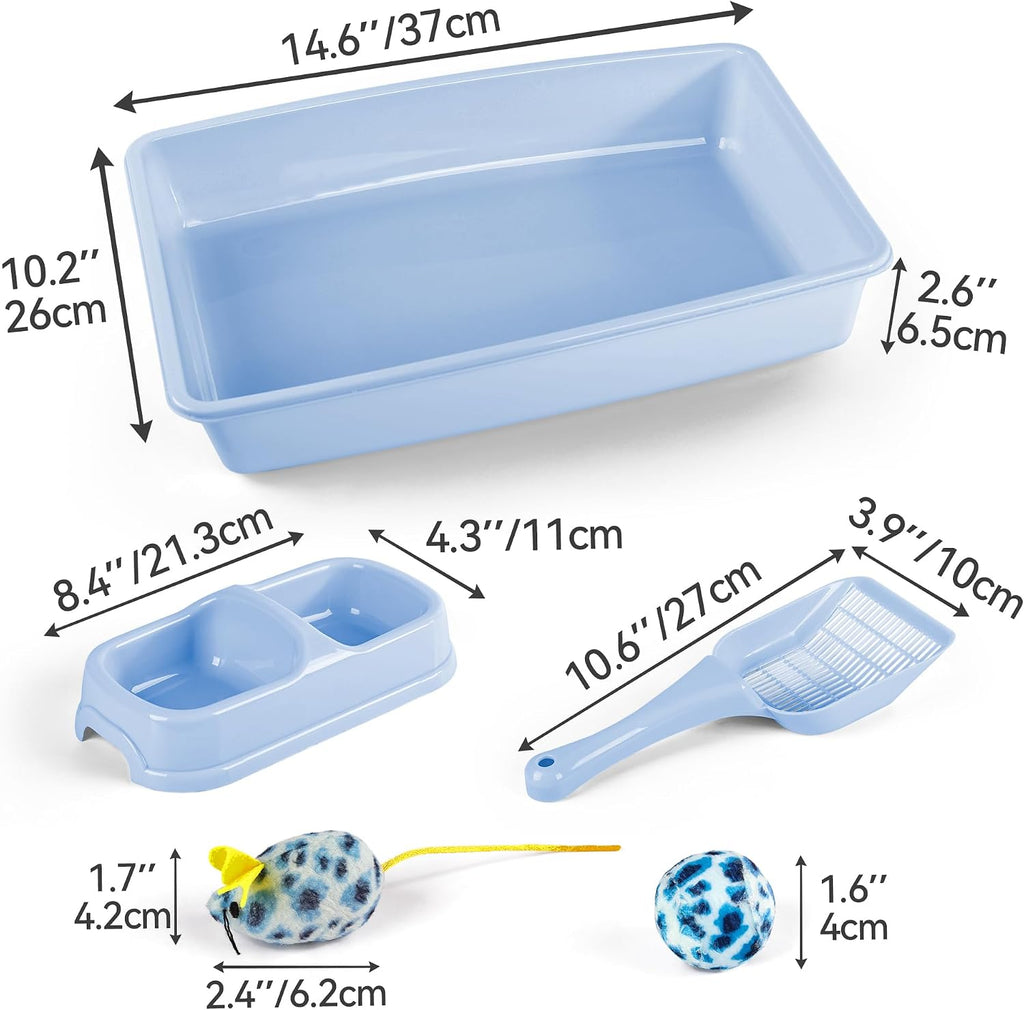 PAWISE Newborn Kitty Litter Box Set 5-Pieces - Shallow Cat Litter Pan, Cat Litter Scooper, Feeding Bowls, Kitten Starter Kit Mouse Toy, 14.5x10.5 Inches, Blue