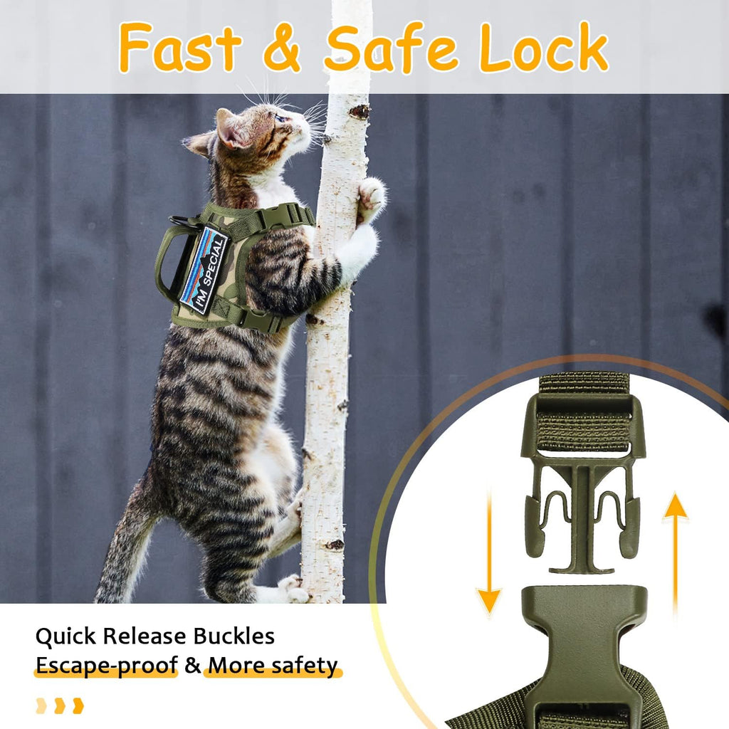 Tactical Cat Harness for Walking, Adjustable Escape-Resistant Vest with Handle and MOLLE Panels, Breathable Harness for Large Cats, Harness Only, Camo Green, L