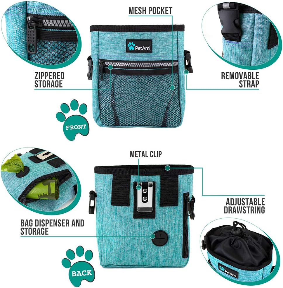 PetAmi Hands Free Dog Treat Pouch for Training and Walking, Teal Sea Blue