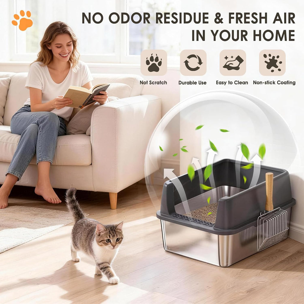 Stainless Steel Litter Box, 17.4'' x 13.5'' x 8.5'' Metal Kitty Litter Box for Small Cats Kitten High Sided Litter Boxs with Scoop Open Top Low Entry Easy to Clean Non-Sticky Anti-Leakage