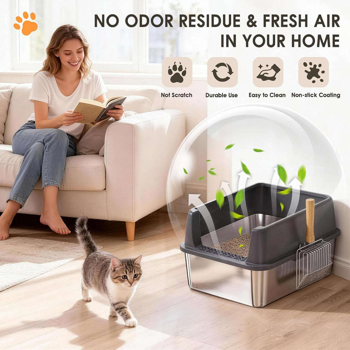 Stainless Steel Litter Box, 17.4'' x 13.5'' x 8.5'' Metal Kitty Litter Box for Small Cats Kitten High Sided Litter Boxs with Scoop Open Top Low Entry Easy to Clean Non-Sticky Anti-Leakage