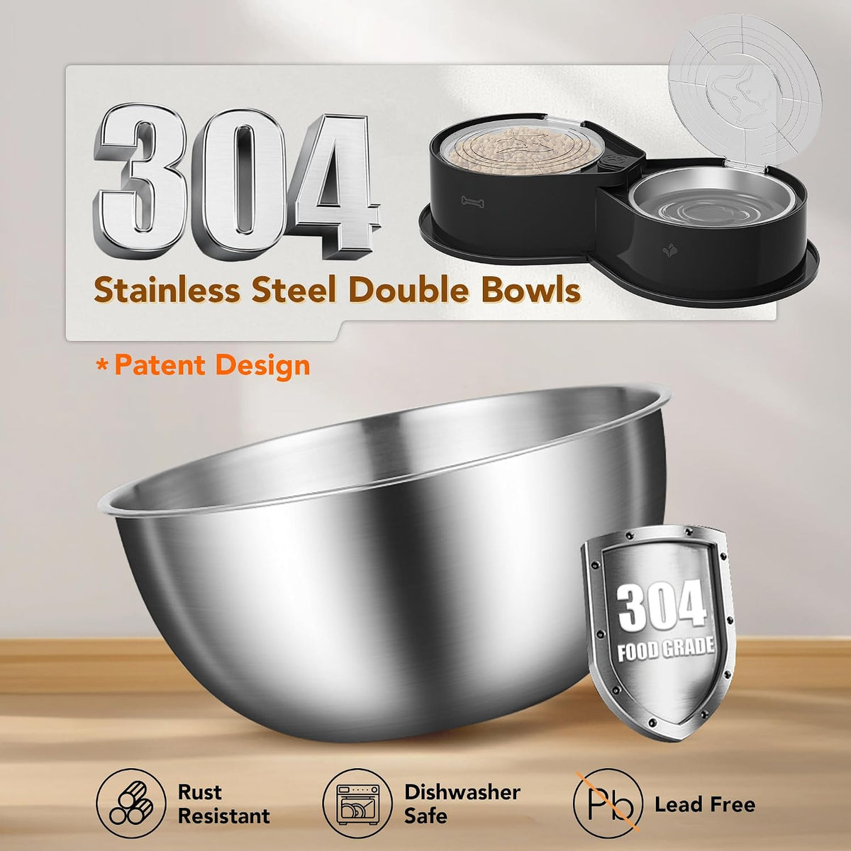 Newget 304 Stainless Steel Dog Bowl Set with Lids, 24oz Foldable Pet Dishes | Dual Food & Water Pet Bowl, Anti-Skid, Keeps Food Fresh, Easy to Install, for Small - Large Dogs/Cats - Indoor & Outdoor Use