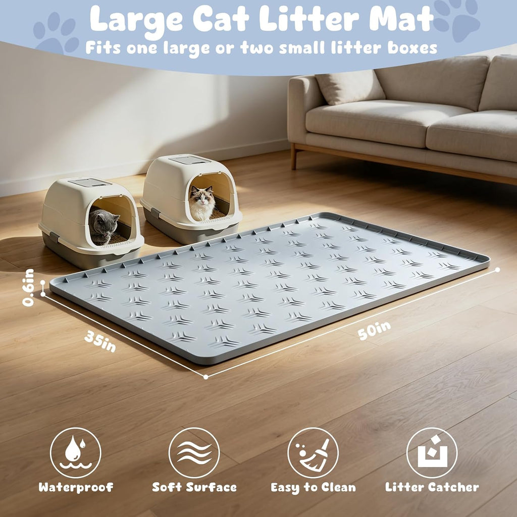 JUJOMAT Cat Litter Box Mat, 50"×35" Large Silicone Cat Litter Trapping Mat | Non-Slip Gray Kitty Litter Mat for Indoor Cats, Waterproof Pet Food Mats Easy to Clean & Soft on Kitty Paws