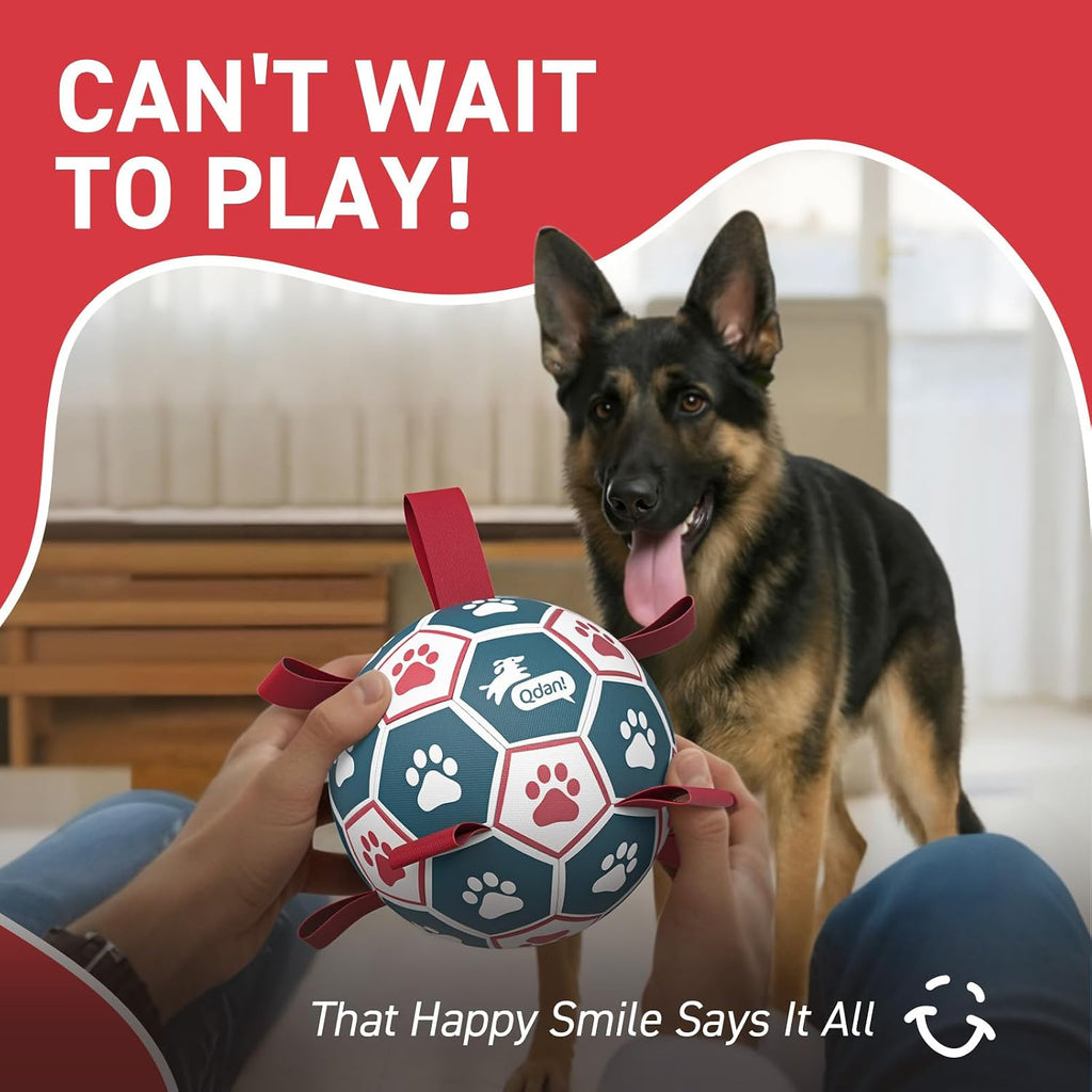 QDAN Large Dog Soccer Ball with Straps, 9 Inch Big Balls for >90 lbs Dogs | Giant Herding Ball for Dogs, Interactive Dog Toys for Tug of War, Puppy Birthday Gifts, Water Toy, Training Soccer Balls