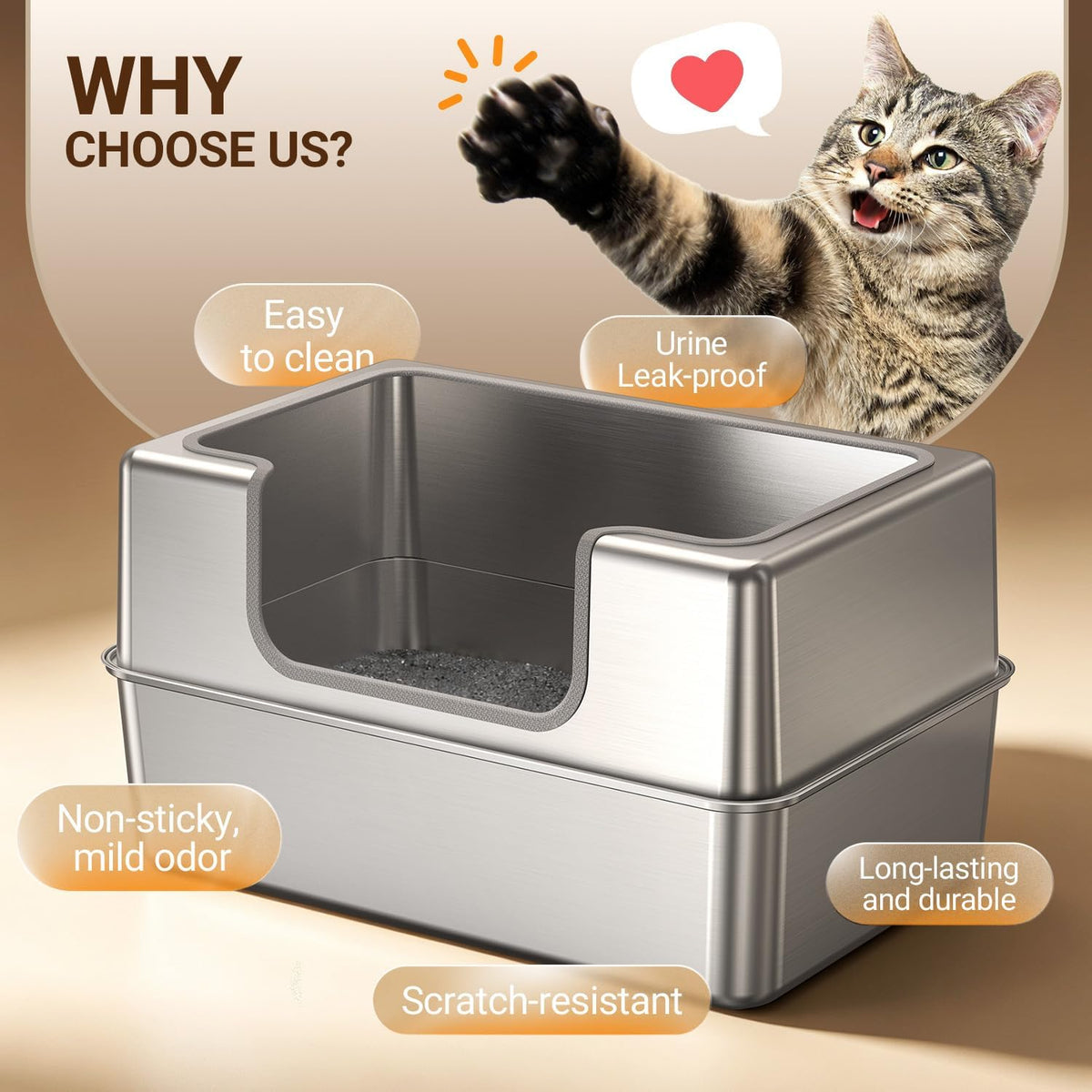 Non-Stick Entirely Stainless Steel Litter Box Splash-Proof & Leak-Proof