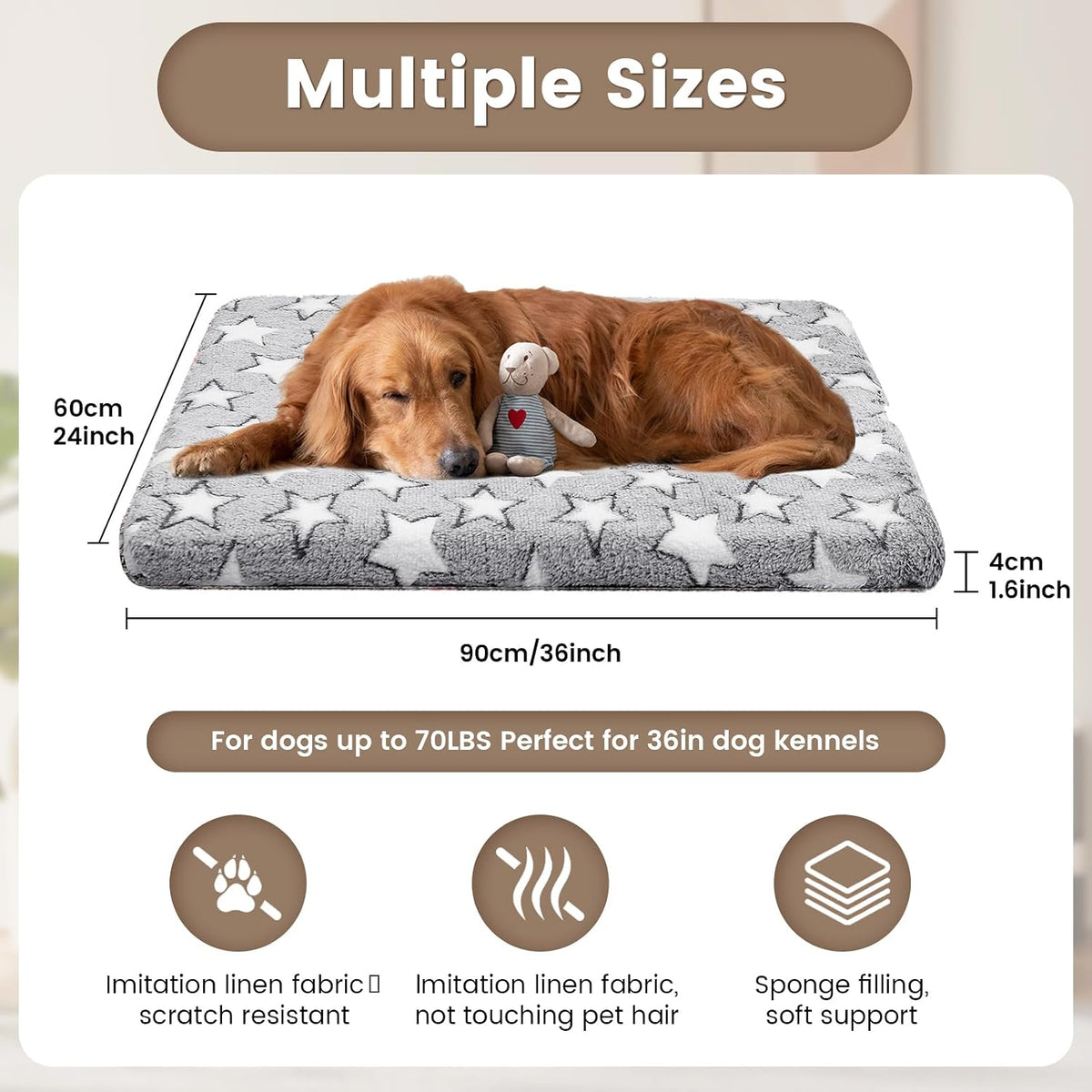 Dog Crate Mats, Dog Bed Mat, Cat Mat - Short Plush Pet Mat Crate Pad for Small Dogs, 1.6-inch Thick Thin Dog Mat, Machine Washable (Grey Star, 36.0" L x 24.0" W x 1.6" Th)