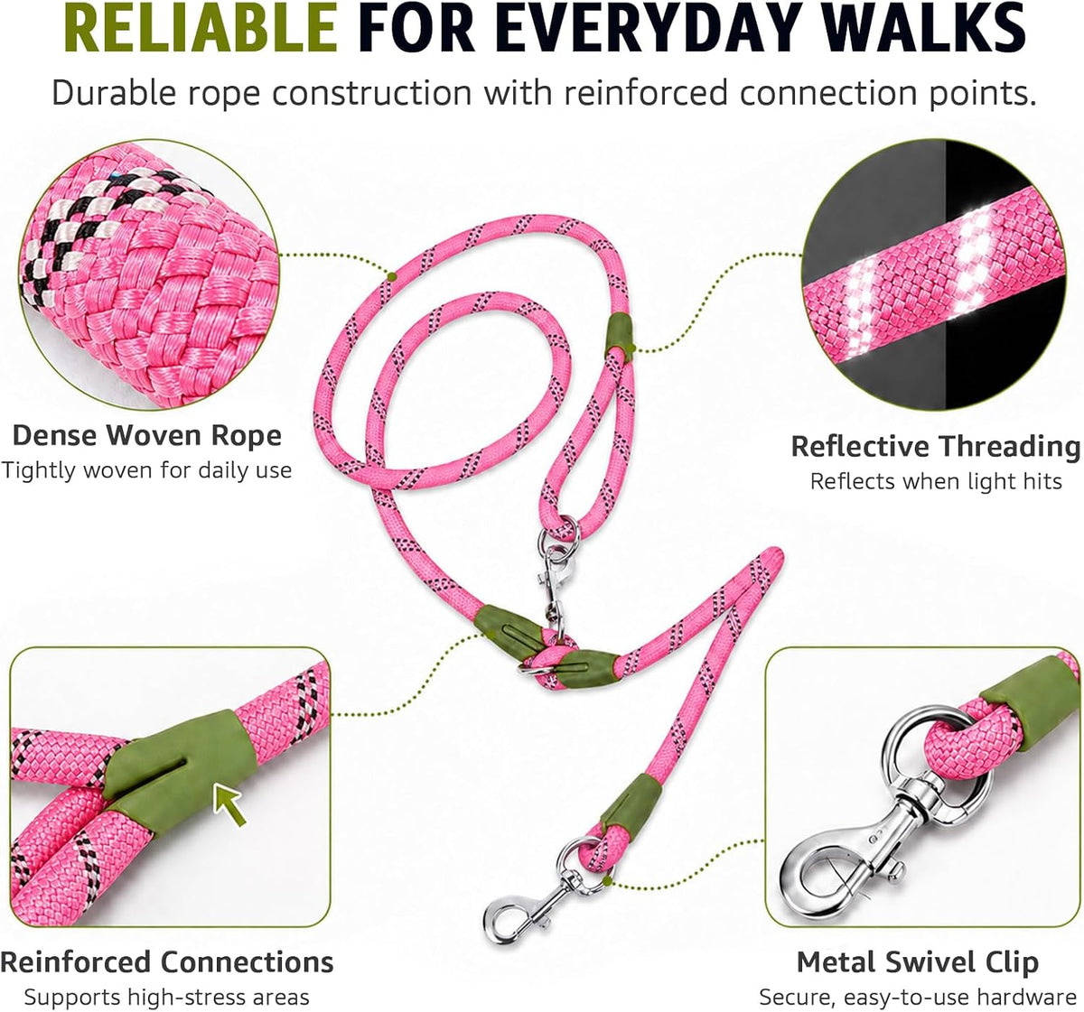 Hands Free Dog Leash Crossbody Dog Running Leash Handsfree Pet Rope for Hiking Training Heavy Duty Reflective Pet Walking Belt (Pink)