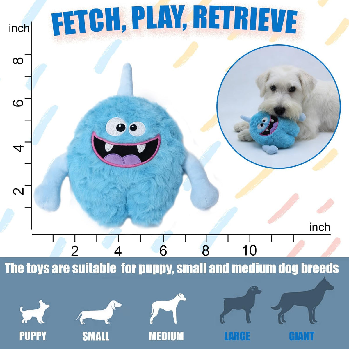 Monster Stuffed Squeaky Dog Toy, Crinkle Dog Plush Toy, Light Blue | Soft Lightweight Toy for Fetch and Chew, Interactive Outdoor Indoor Play for Tug, Birthday Gift, For Puppy Small Medium Dog