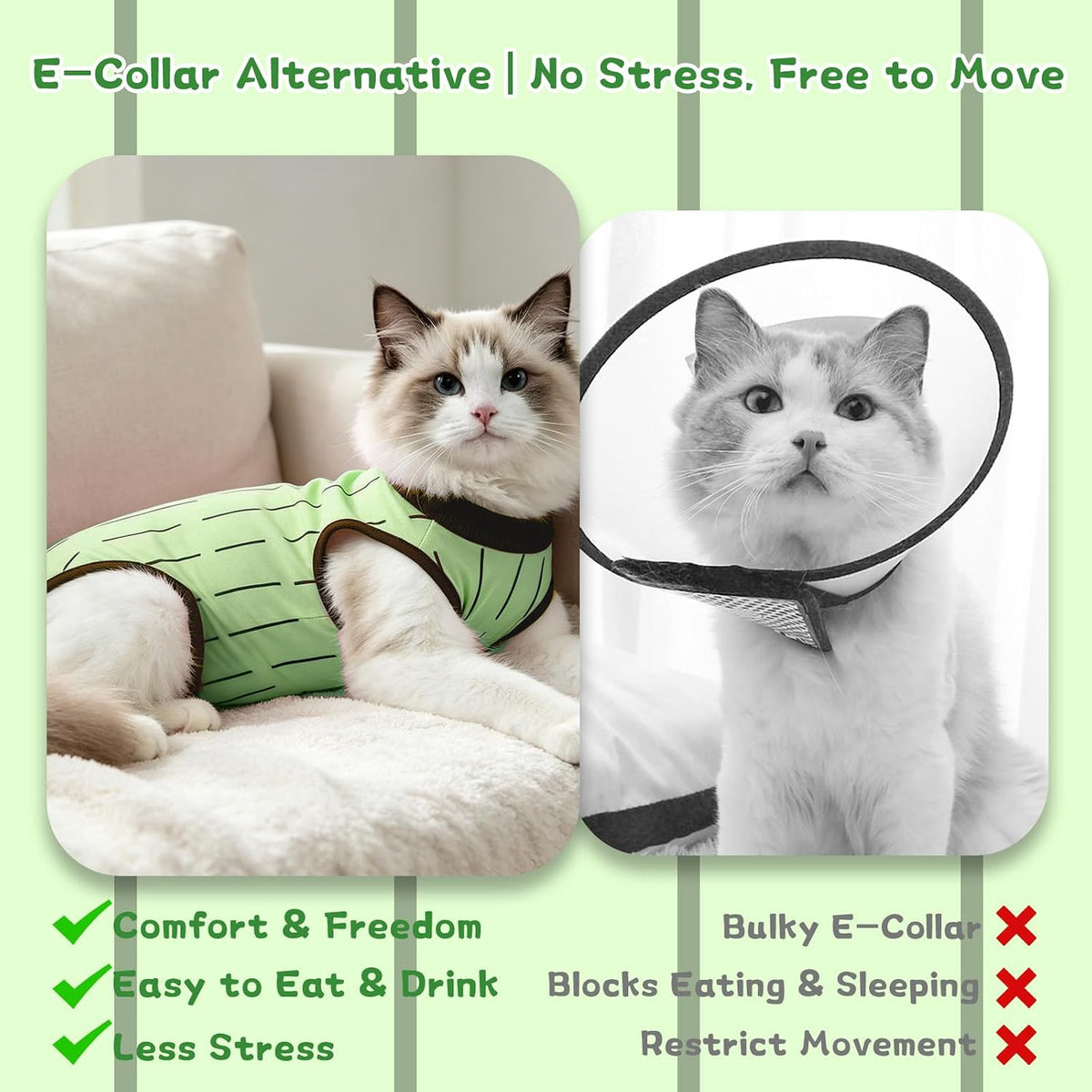 Cat Recovery Suit Female, Kittens Onesie for Cats After Surgery, Green, S