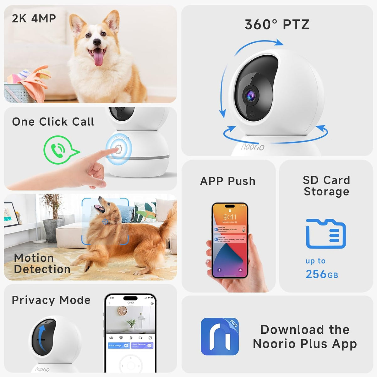 Noorio 4MP/2K Indoor Security Camera, 2.4GHz UHD 360° PTZ Pet/Dog Camera