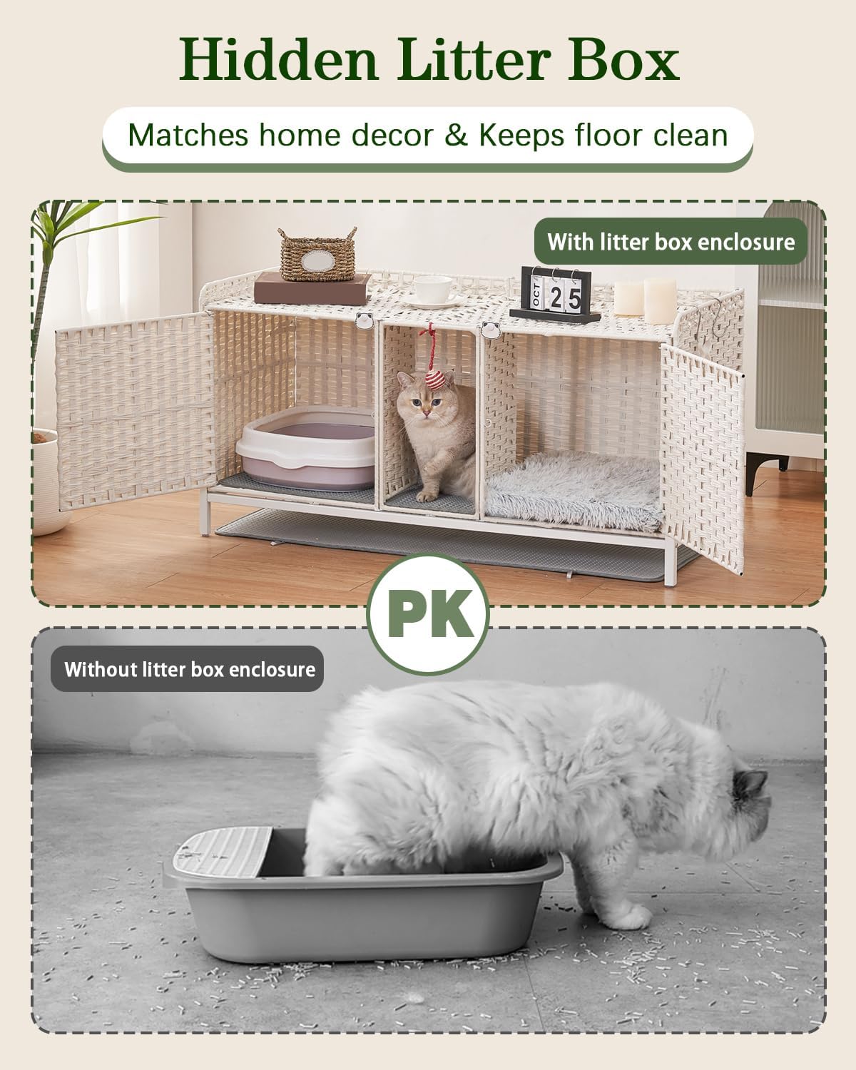 SETVSON Cat Litter Box Enclosure for 2 Cats, PE Rattan Kitty House, White | Handwoven PE Rattan with 2 Absorbent Mats, 3.2-In Heightened Metal Feet, 2 S-Hooks, 47.3 x 19.7 x 24 Inches Cabinet