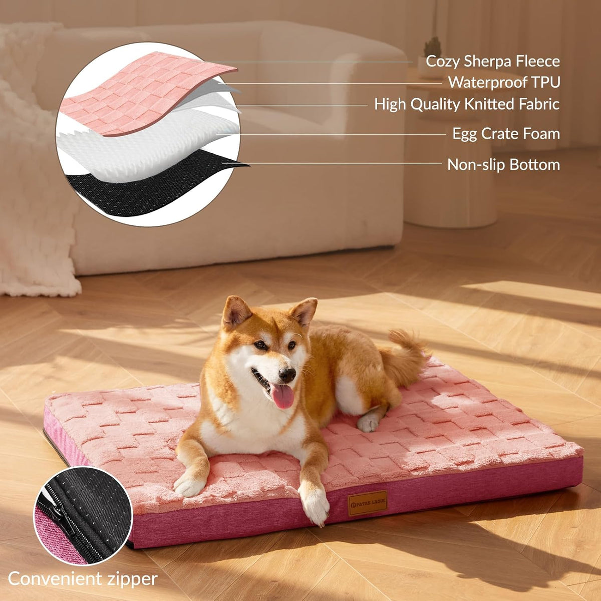 Patas Lague Orthopedic Large Dog Bed Washable Pet Crate Mat 36''X24'' Pink