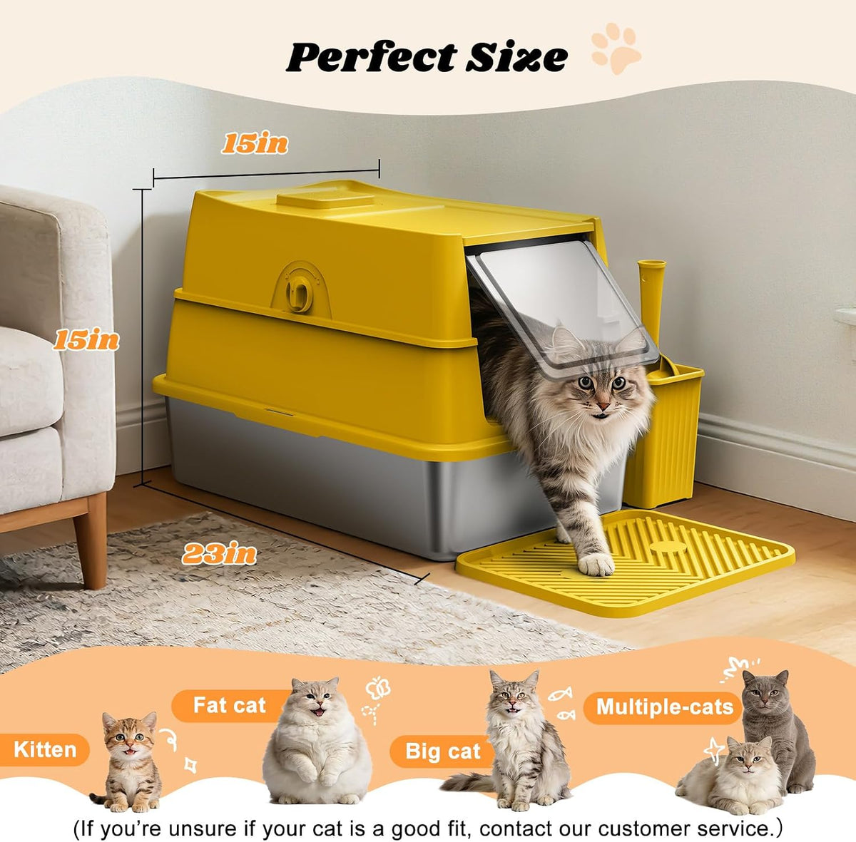 Stainless Steel Litter Box | Enclosed Cat Litter Box with Lid for Big Cats | High Sided Metal Litter Boxes | 100% Anti-Urine Leakage | Non-Stick with Litter Mat & Litter Scoop Set (Mustard Yellow)
