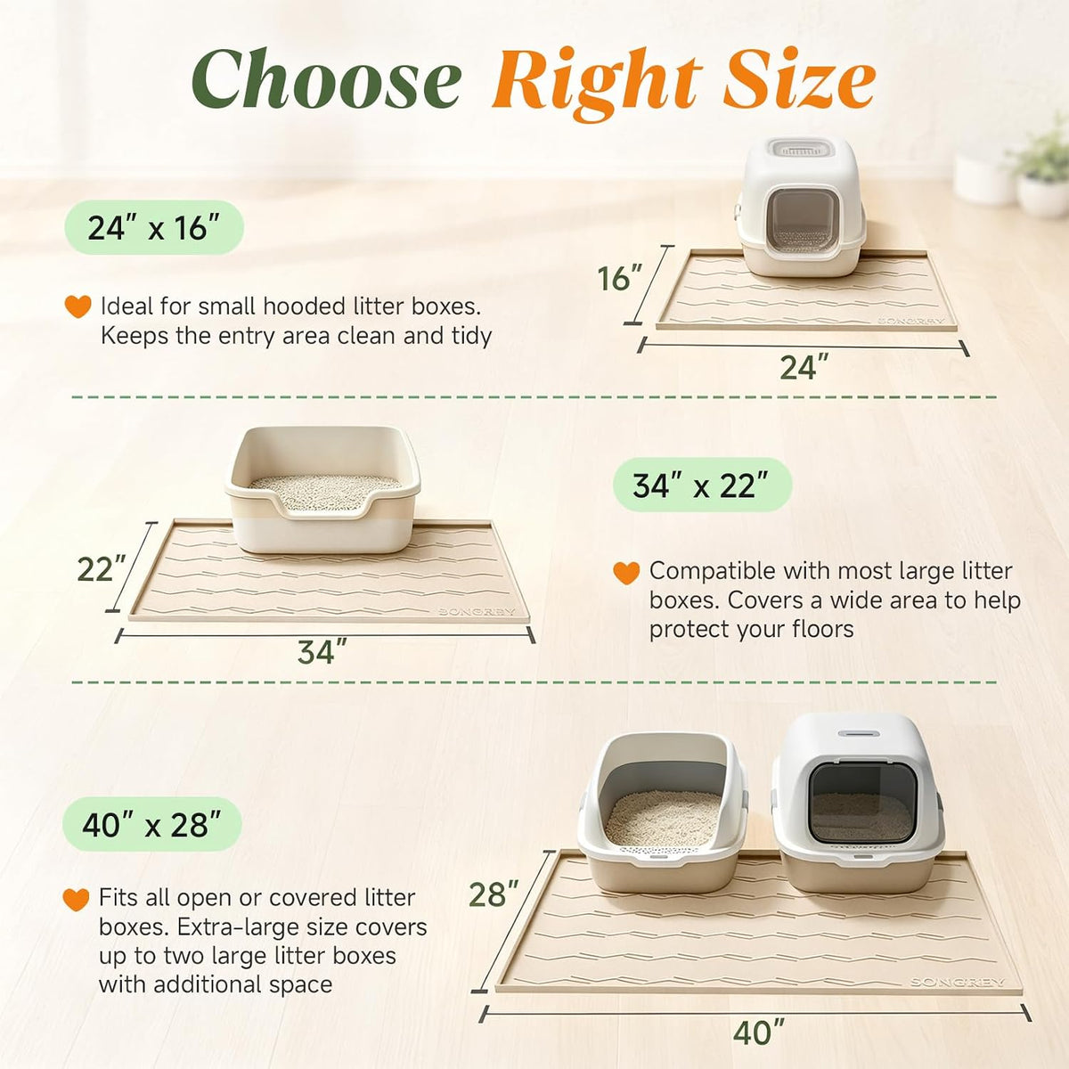 Songrey Silicone Cat Litter Mat 34" x 22", Large Litter Trapping Mat, Beige | Waterproof, Urine-Proof Litter Box Mat for Floor, Soft on Kitty Paws, Easy To Clean, Cat Supplies, Pet Feeding Mat