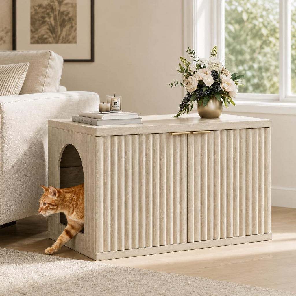 Homhedy Cat Litter Box Enclosure,Modern Fluted Accent,Cream Gray