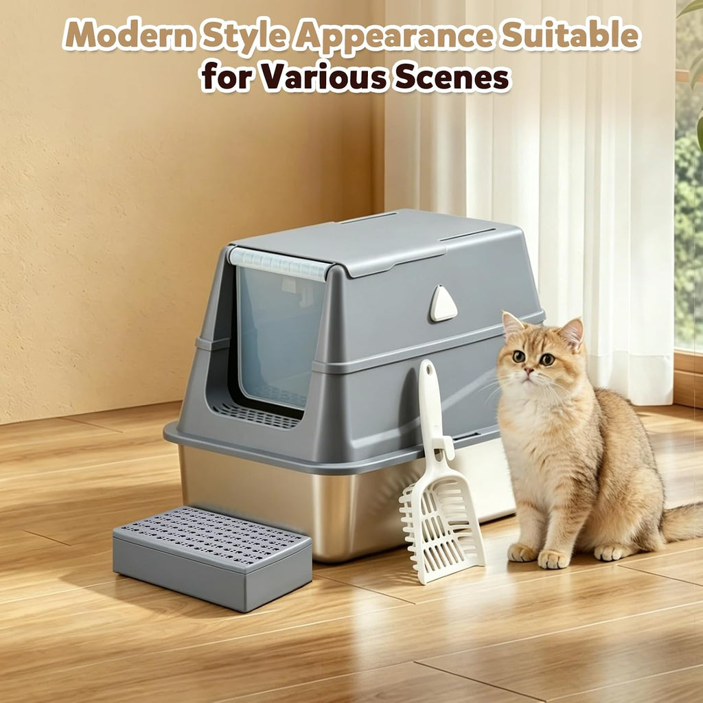 Stainless Steel Litter Box with Lid,Large Covered Enclosed Kitty Box,Enclosed High Sided Litter Box with Moveable Lid,Odor Free, Anti-Leakage with Litter Scoop for Kitty to Medium Cats(Grey)