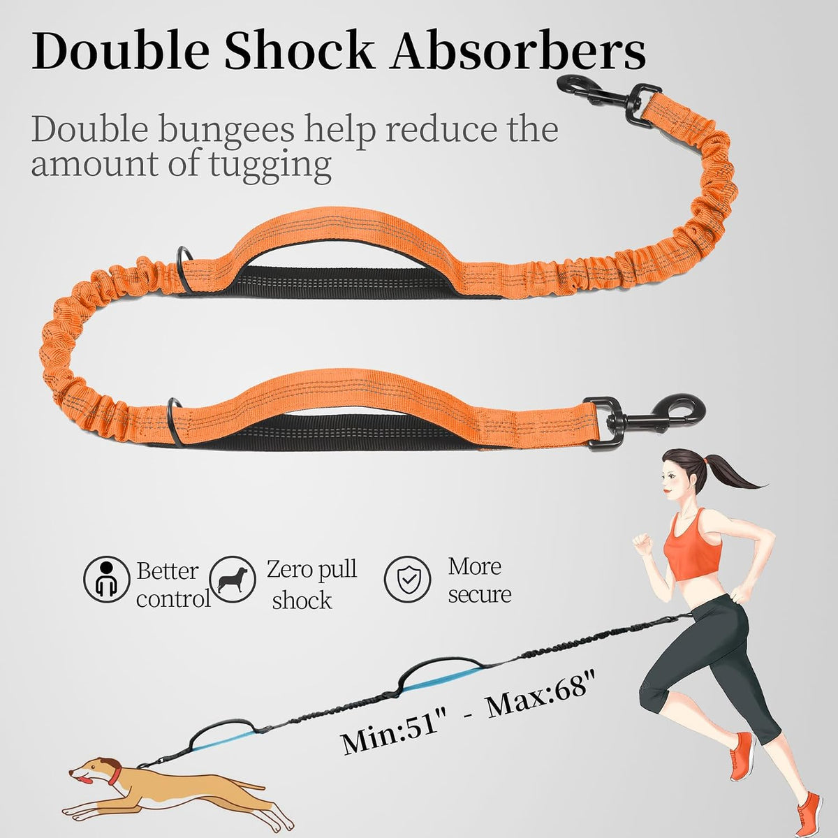 iYoShop Hands Free Dog Leash with Zipper Pouch, Large, 25-120 LBS, Orange