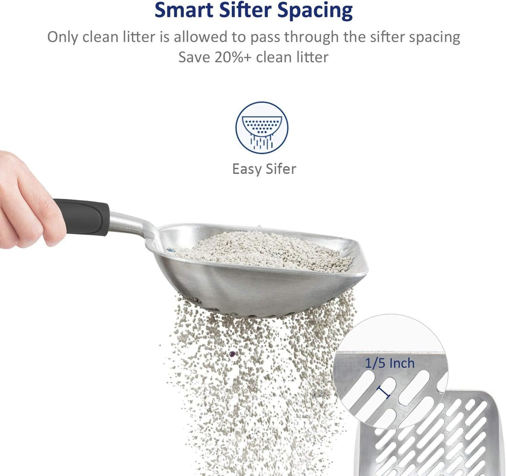 WePet Cat Litter Scoop, Aluminum Alloy Sifter, Kitty Metal Scooper, Deep Shovel with Diagonal Sifting Hole, Long Handle, Kitten Poop Lifter for Litter Box, Medium Size, Black Handle
