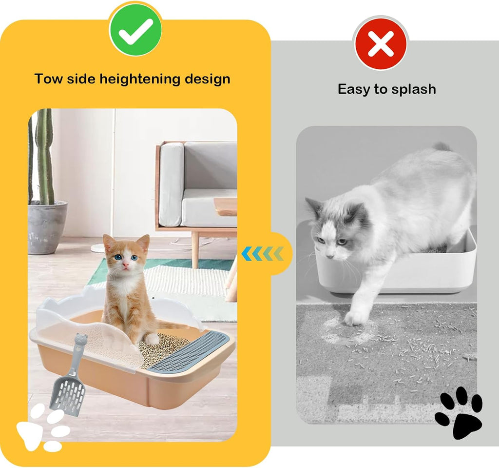 Open Cat Litter Box with High Side,Anti-Splashing Cats Litters Pan,Kitten Toilet with Litter Sifting Scoop,Semi-Enclosed Removable Kittens Litter for Boxes Easy to Clean No Odork(Khaki)