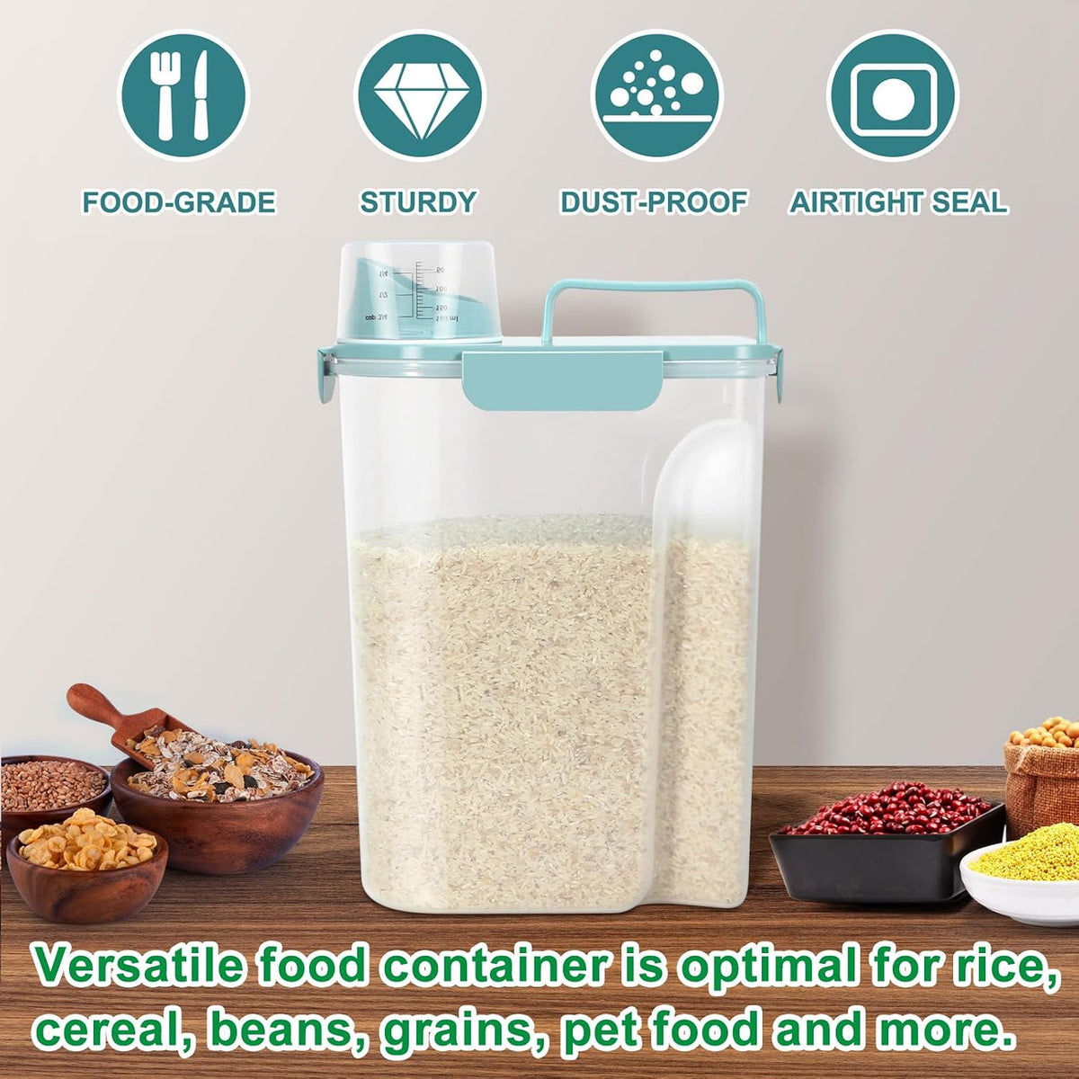 TBMax Airtight Rice Container 10 Lbs Cereal Dispenser, Small Pet Cat Dog Food Storage Container, Plastic Kitchen Pantry Food Storage Holder with Cup -Light Blue