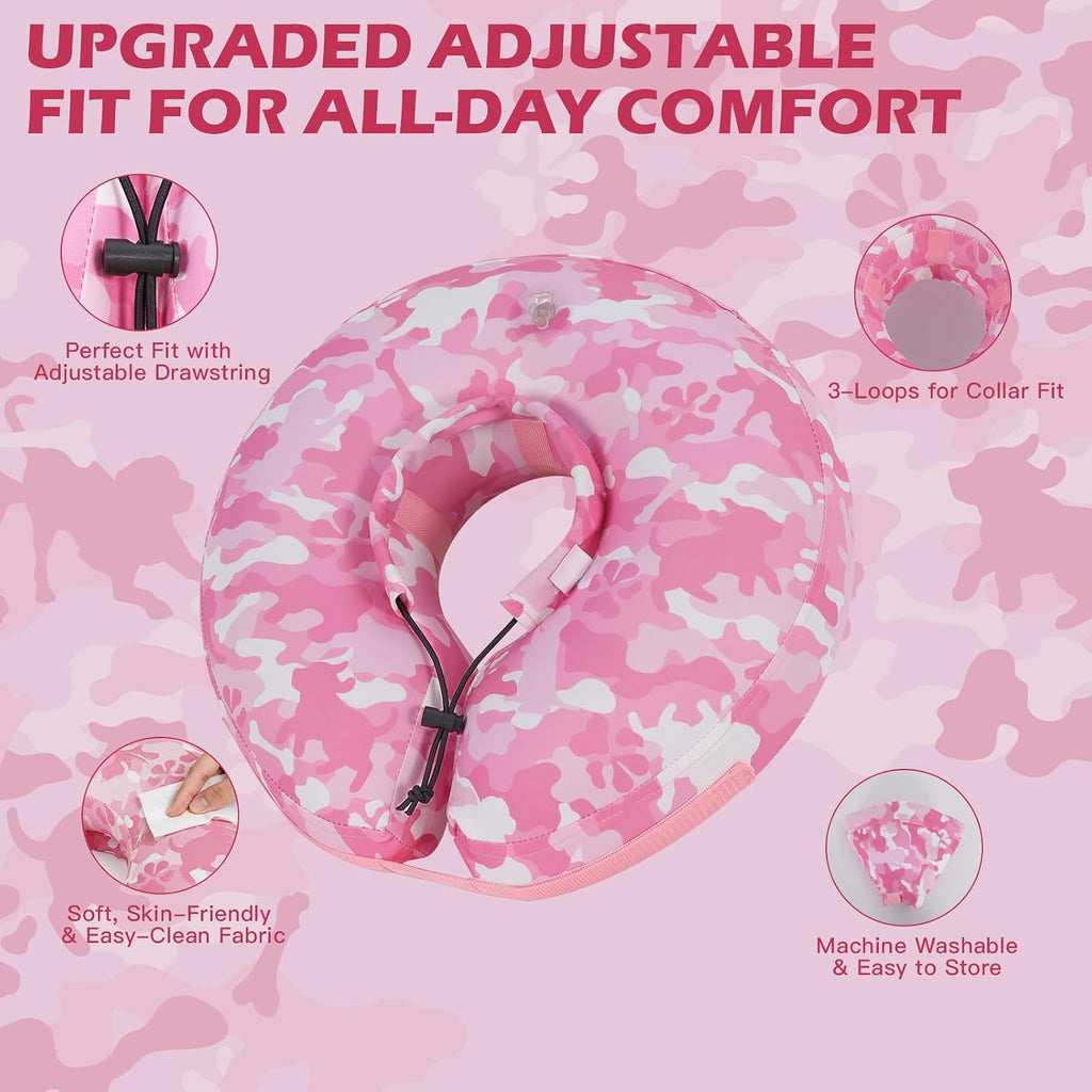 IEUUMLER Inflatable Recovery Dog Cone Collar, Neck Donut Protective ECollar, Adjustable Soft Collar for Dog and Cat After Surgery Prevent from Biting & Licking EU020 Pink Camo M