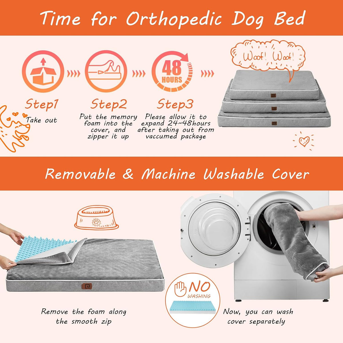 EHEYCIGA Large Washable Dog Crate Bed with Memory Foam, 35x23Inch, Grey