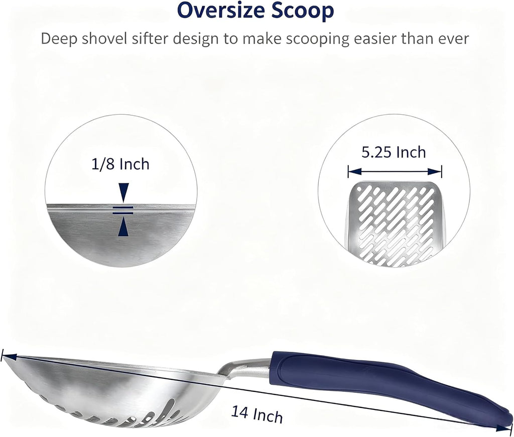 WePet Cat Litter Scoop, Aluminum Alloy Sifter, Kitty Metal Scooper, Deep Shovel with Diagonal Sifting Hole, Long Handle, Kitten Poop Lifter for Litter Box, Large Size, Blue Handle