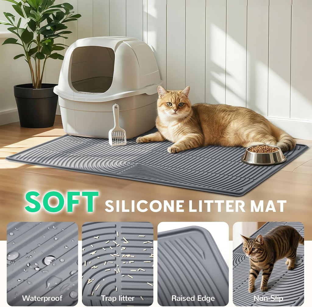 Pawtasy Cat Litter Mat,34" x 22" Large Silicone Pad for Floor Waterproof Litter Trapping Mat for Scatter Control Soft on Kitty Paws Non-Slip Easy to Clean