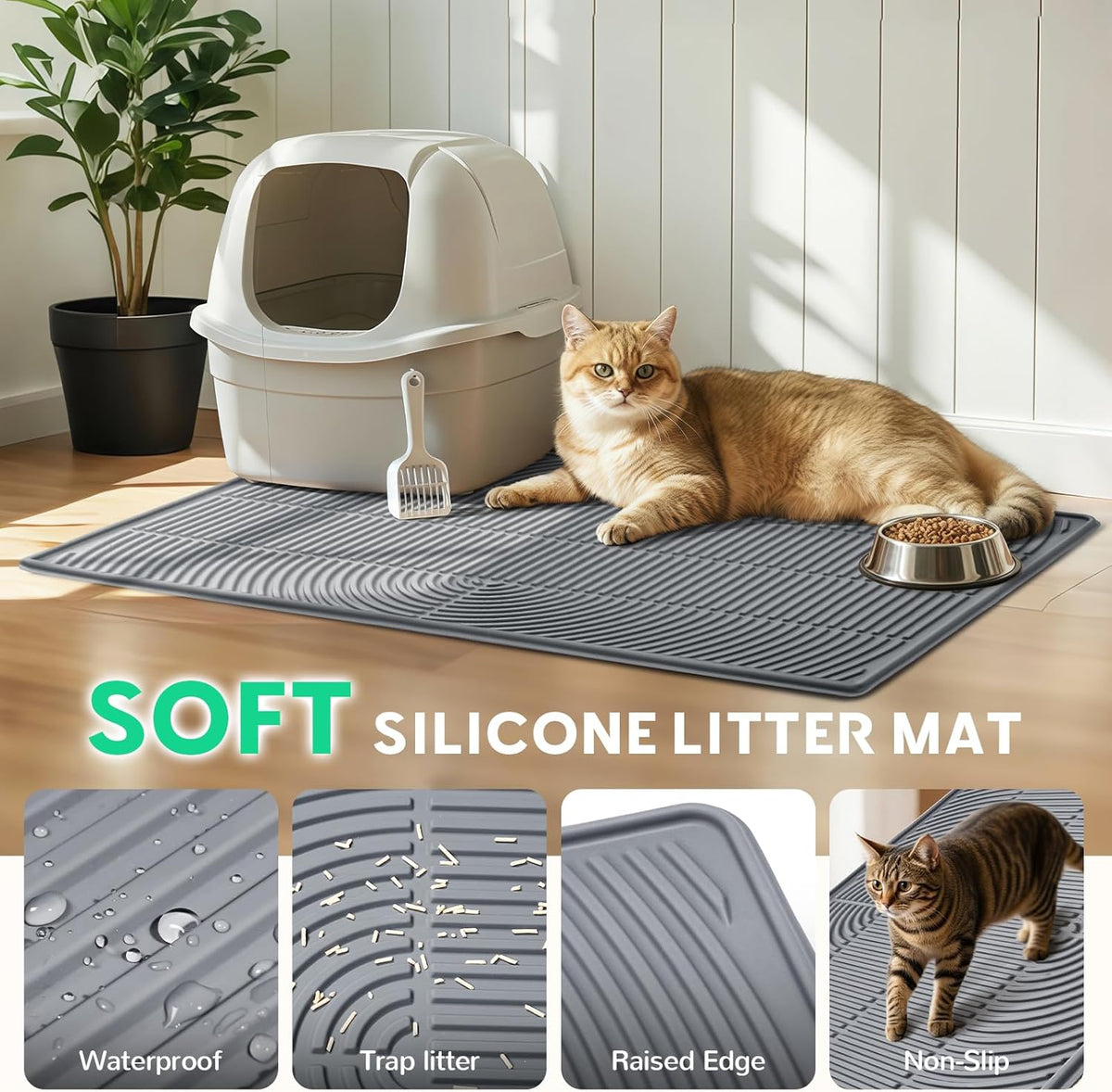 Pawtasy Cat Litter Mat,34" x 22" Large Silicone Pad for Floor Waterproof Litter Trapping Mat for Scatter Control Soft on Kitty Paws Non-Slip Easy to Clean