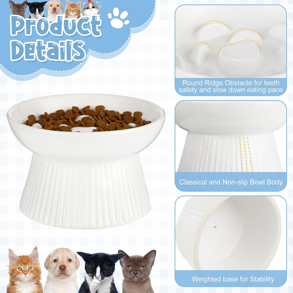 Tioncy 2 Pcs Ceramic Elevated Slow Feeder Cat Bowl, Dark Green, White