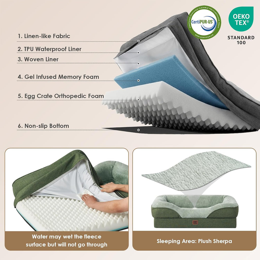 EHEYCIGA Orthopedic Dog Bed for Large Sized Dog, 45x35 Inch Large Memory Foam Dog Couch Bed with Sides, Waterproof Liner & Washable Removable Cover, Bolster Pet Sofa, Green
