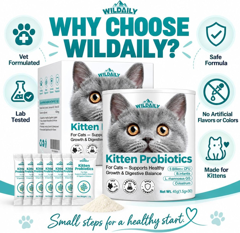 Kitten Probiotics with Colostrum, 5 Billion CFU Cat Probiotic Powder with B. infantis + L. rhamnosus GG, Digestive & Immune Support for Growing Kittens, 30 Daily Stick Pack