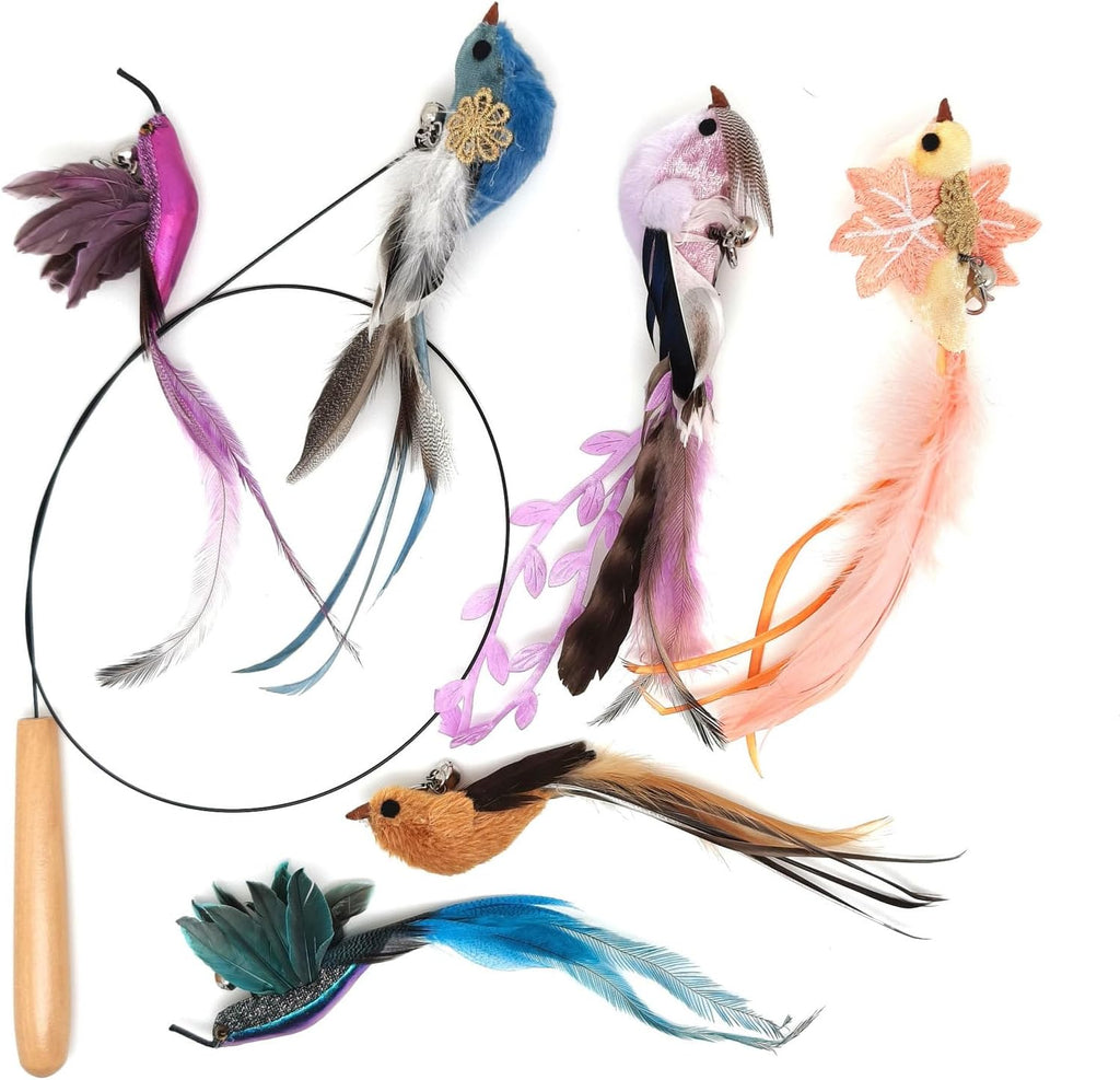 miwoowim 35" Steel Wire Cat Wand Toy & 6PCS Realistic Feather Bird Refills | Sturdy wooden handle for easy grip.Handcrafted birds with bells.Promotes active play, healthy exercise & bonding