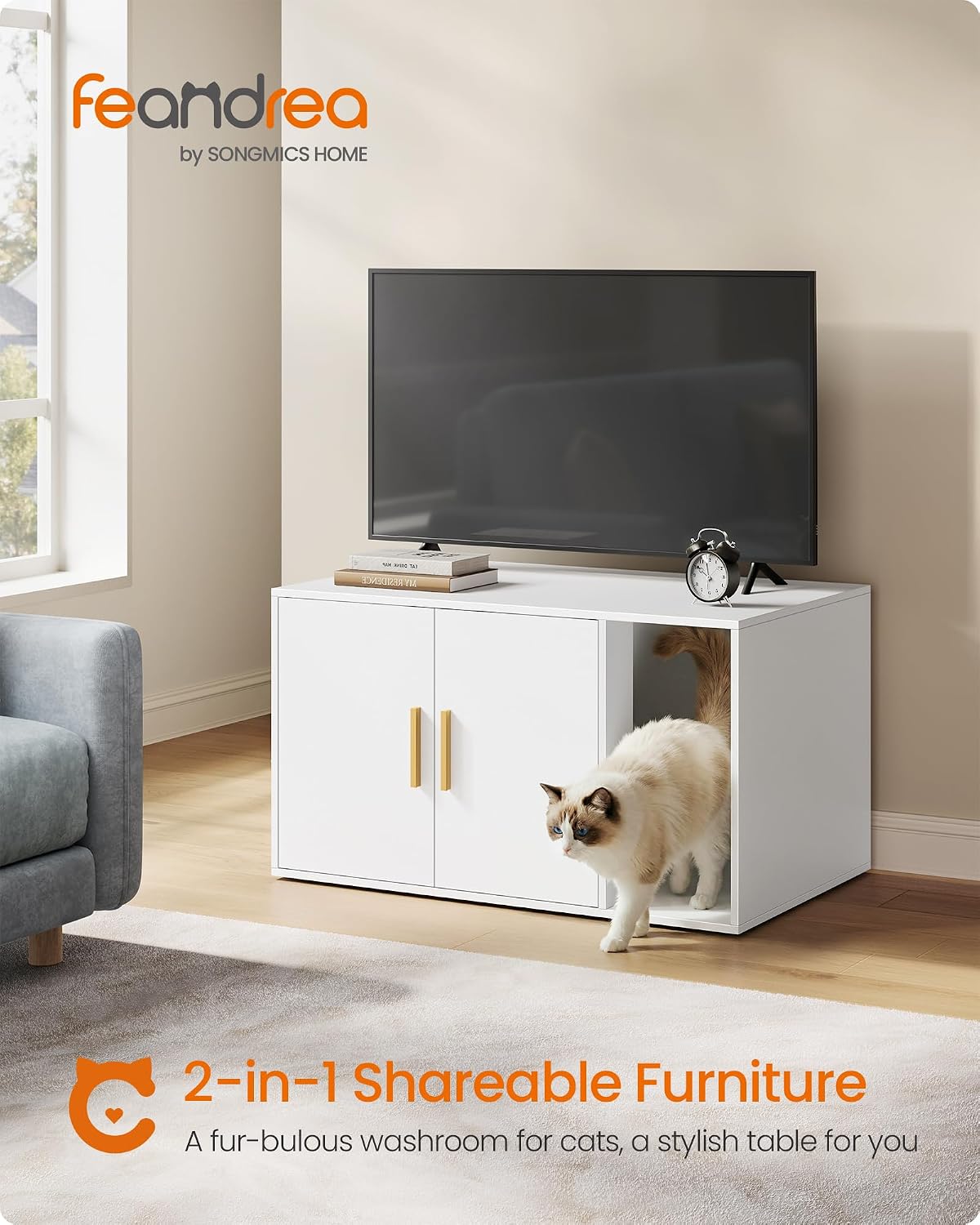 Feandrea Cat Litter Box Enclosure, Double Doors, 31.5 x 19.7 x 17.7 Inches | Modern Hidden Litter Box Furniture, Indoor Pet House, Side End Table, Cloud White, CUSTOS Collection UPCL020WB01S
