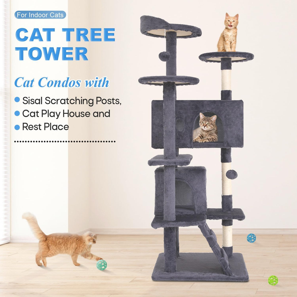 FDW | 54" Cat Tree Tower | Ashy | Multi-Level Indoor Activity Center