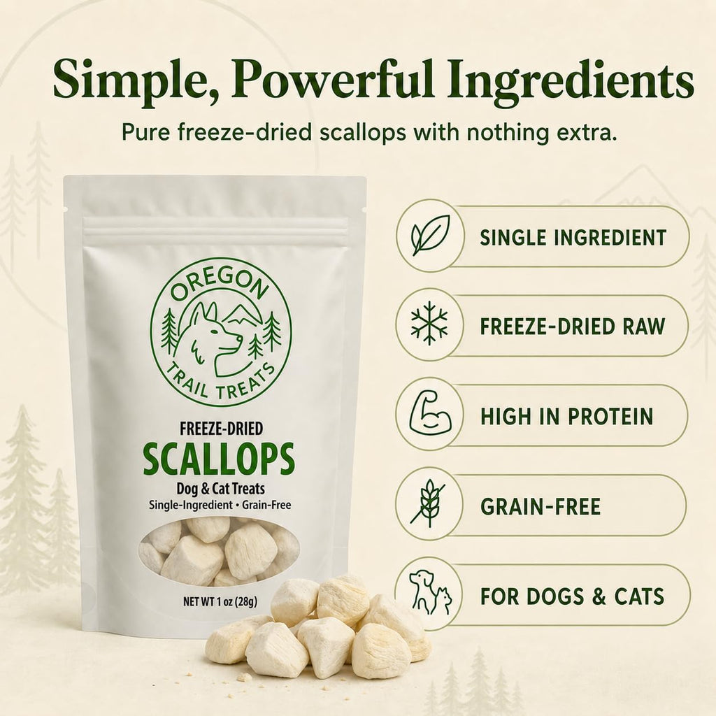 Oregon Trail Treats Freeze-Dried Scallops Dog & Cat Treats - Single Ingredient Premium Bay Scallops Grain Free 1 oz