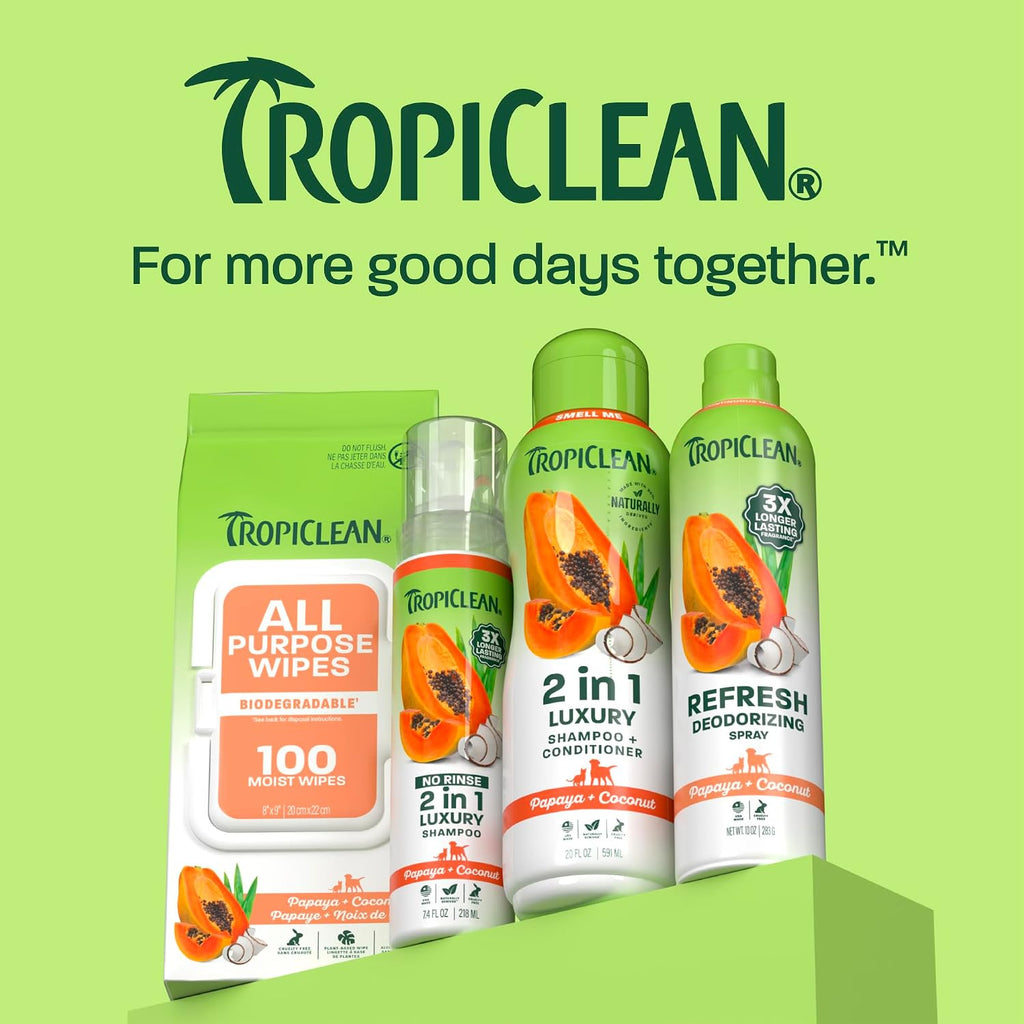 TropiClean Papaya & Coconut Luxury 2-in-1 Pet Wipes, 100ct - Wipes for Dogs & Cats - Gently Removes Dirt, Dander & Smells - for Pet Paws, Face, Body & Bottom - Tropical Papaya & Coconut Scent 