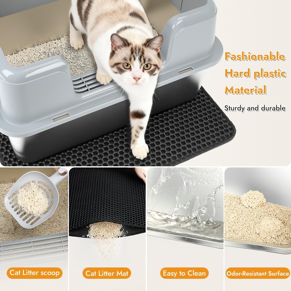 Vivifying Stainless Steel Cat Litter Box, Large Semi-Enclosed Litter Box with Lid and Mat, Anti-Leakage Metal Pan for Easy Cleaning & Odor Control (Gray)