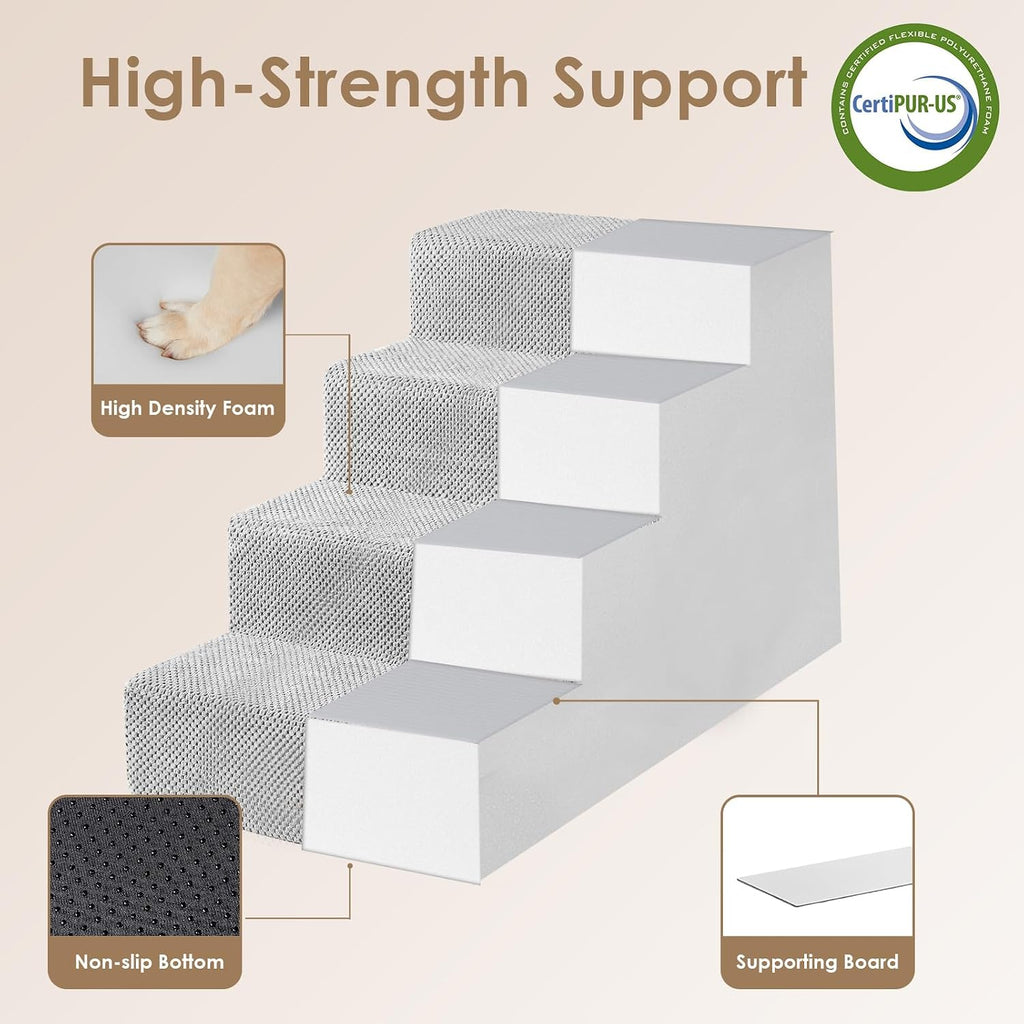 EHEYCIGA Dog Stairs for Bed 18" H, 4-Step Extra Wide Dog Steps, Light Grey