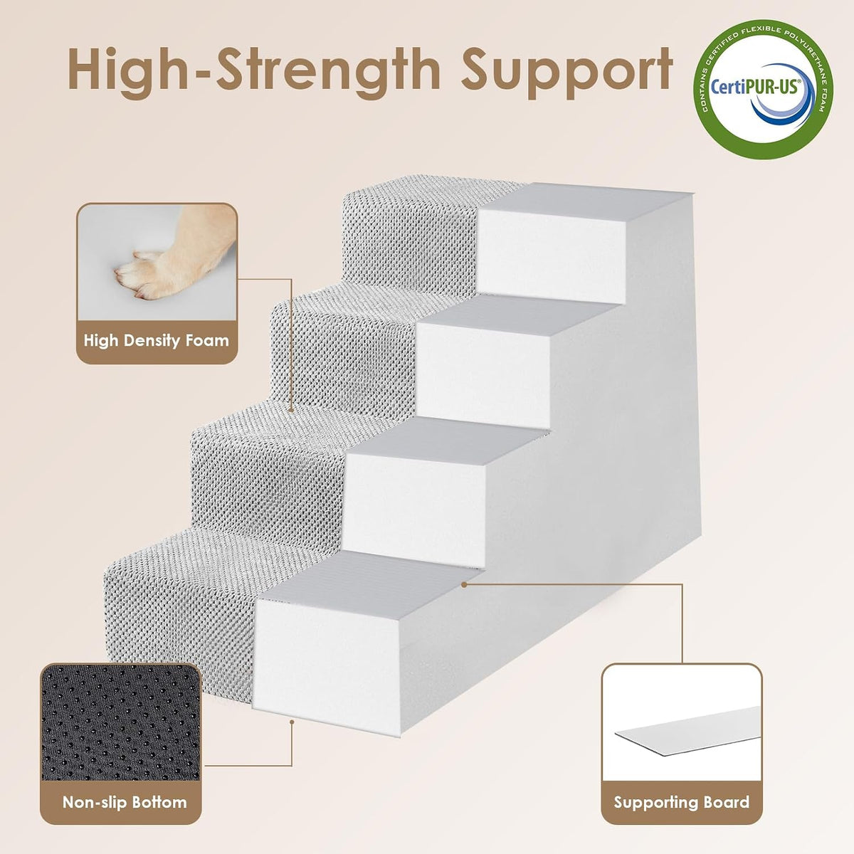 EHEYCIGA Dog Stairs for Bed 18" H, 4-Step Extra Wide Dog Steps, Light Grey