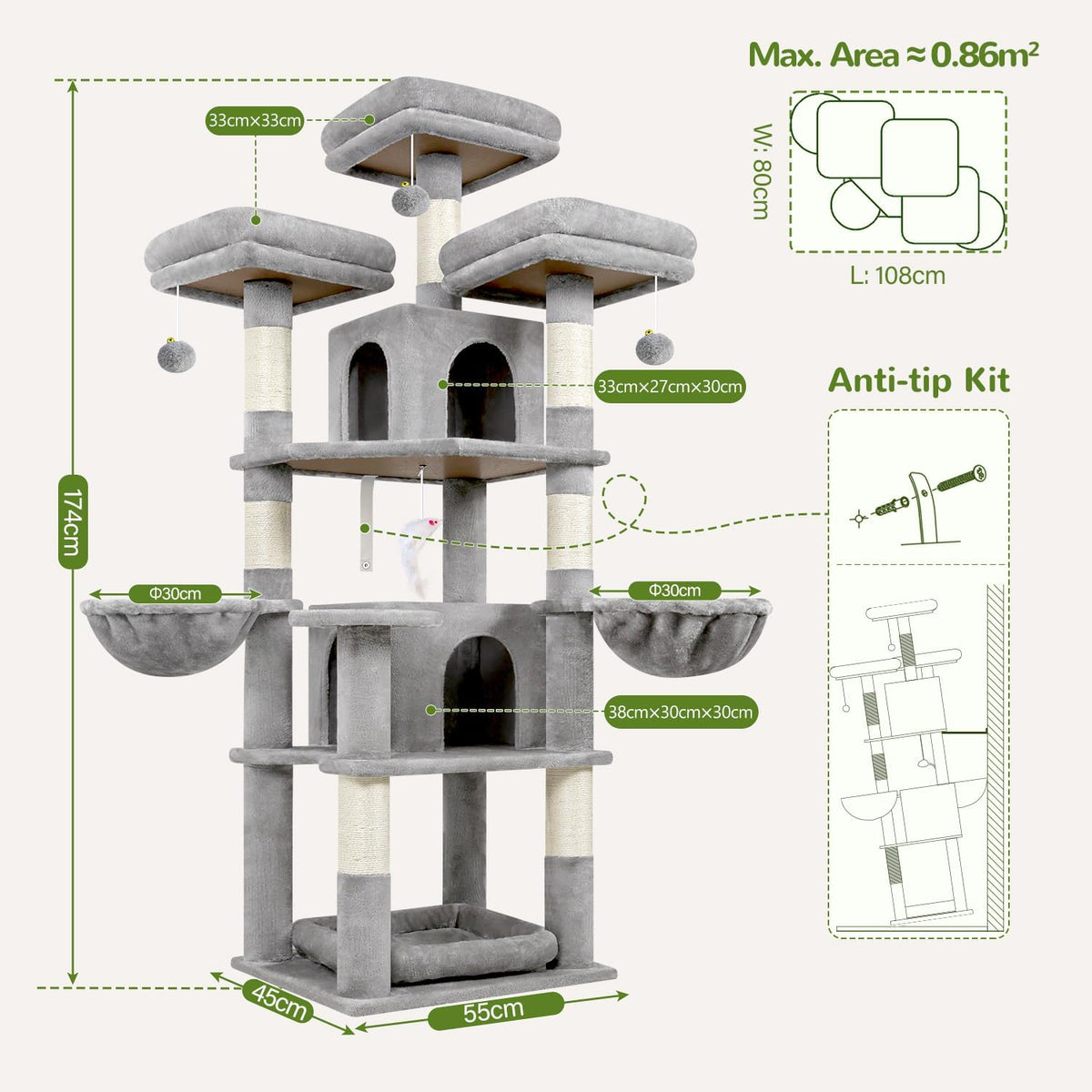 Globlazer Big XL Cat Tower for Indoor Multiple Cats, F68B, Light Grey