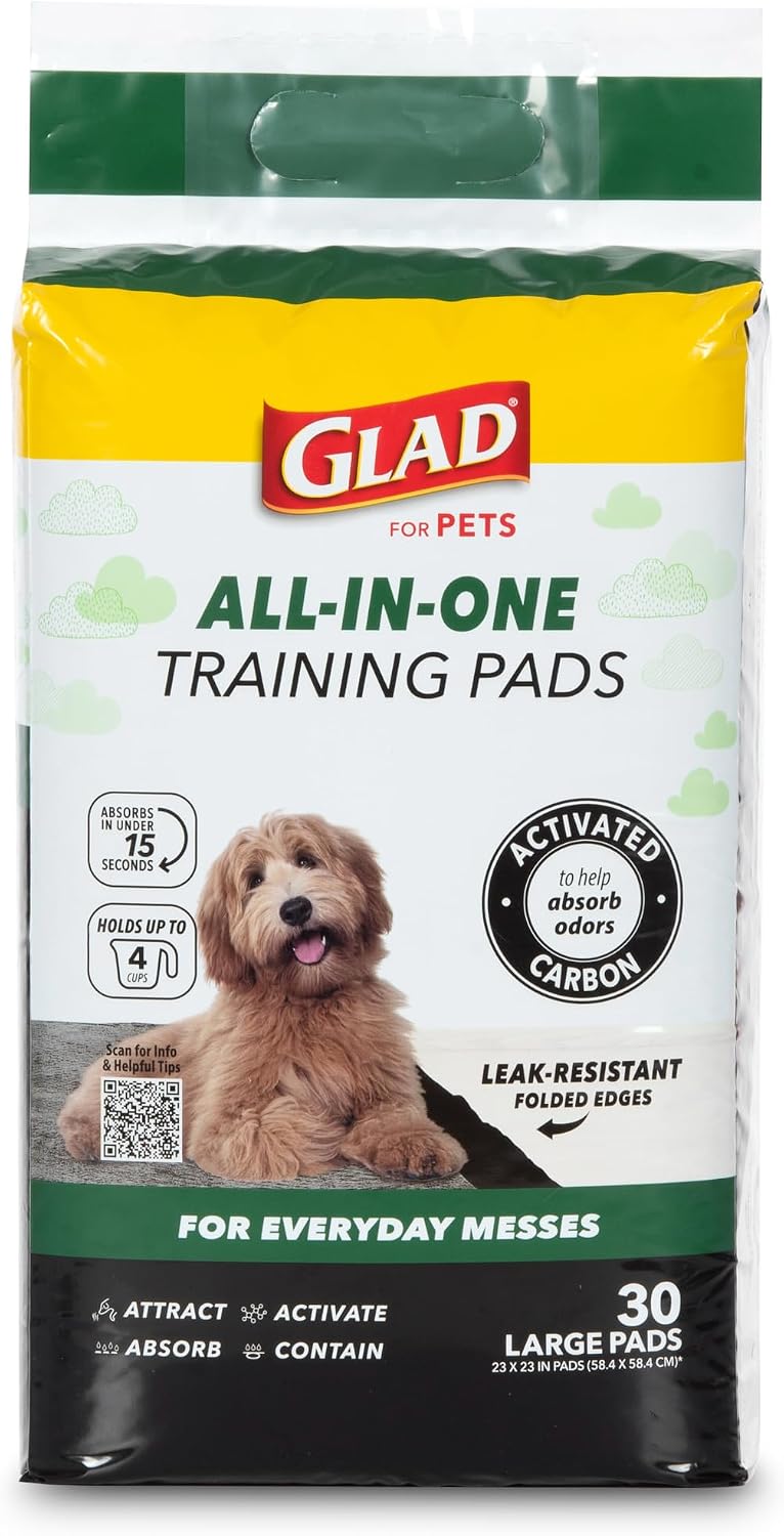 Glad for Pets Activated Carbon Disposable Dog Training Pads, 30 Count, 6-Pk | Activated carbon core, ultra-absorbent, puppies senior dogs and post-surgery recovery, floor and crate protection, 23 x 23 in