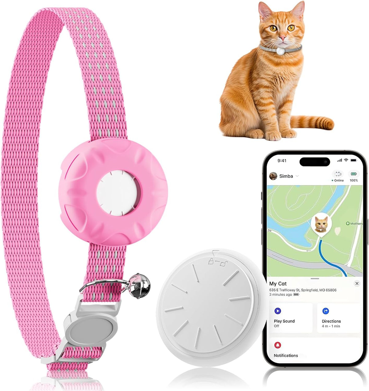 Cat Tracker, Lightweight Pet Tracker for Cats, Cat GPS Tracker Compatible with Apple Find My App(Only iOS), Real-Time Tracking, Precise Positioning, No Monthly Fee,Pink