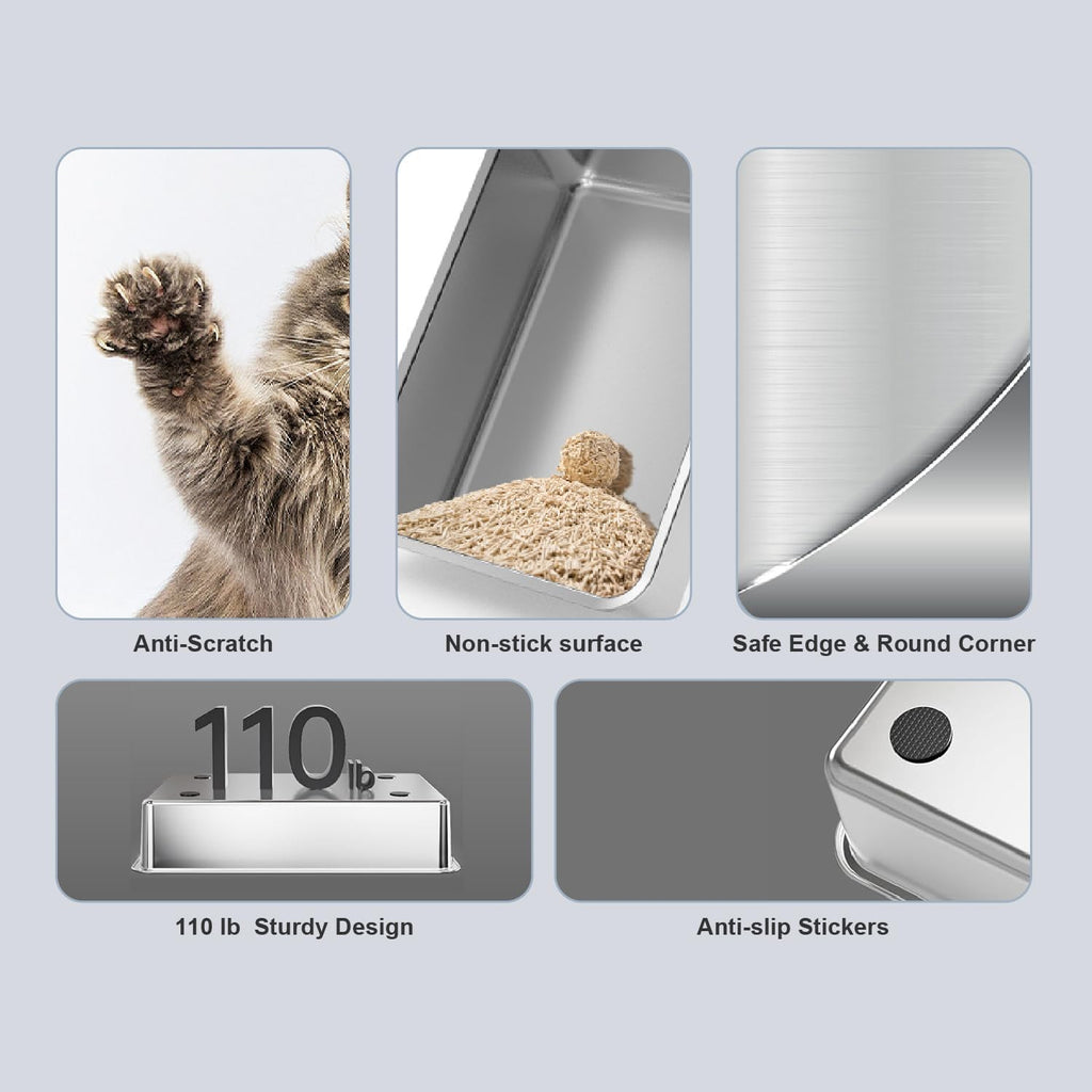 XL Stainless Steel Cat Litter Box for All Cats with High Sides and Scoop
